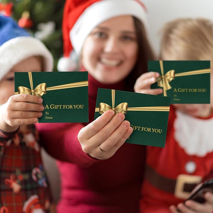 Glenmal 50 Pcs Christmas Mini Gift Card Envelopes with Golden Bow Card Holder Business Envelopes with Gold Ink Pen for Christmas Festival Party Supplies, 2.7 x 3.9''(Green)
