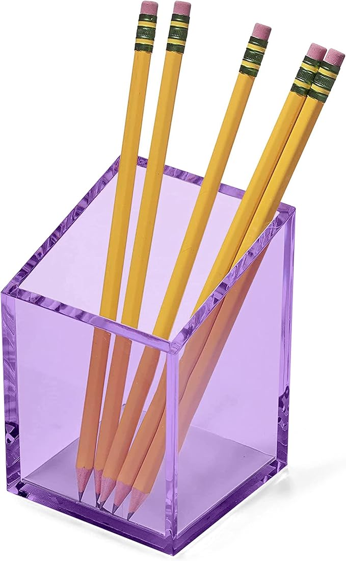 OfficeGoods Acrylic Pen & Pencil Holder - Modern Trapezoid Design - Beautiful Desk Organizer for Home or Office - Contrasting Metal Base - 3" Square w/ 3.5" Front & 4.5" Back - Purple