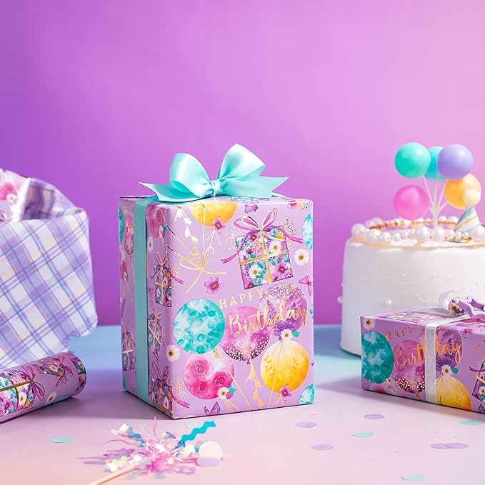 WRAPAHOLIC Purple Birthday Wrapping Paper - Mini Roll - 17 Inch x 16.5 Feet - Gold Foil Fantasy Purple Happy Birthday Paper for Kids, Girls, Women, Wedding, Bridal Shower