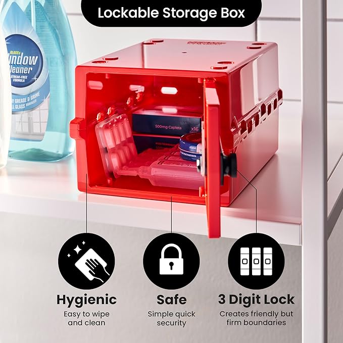 Lockabox Mini™ | Small Medicine Lock Box with Combination Lock (Half Letter Sized) | Mini Medical Lockable Box For Tablets, Creams & Medical Pens | External Size 8.8 x 6.1 x 4.7 Inches (Medi Red)
