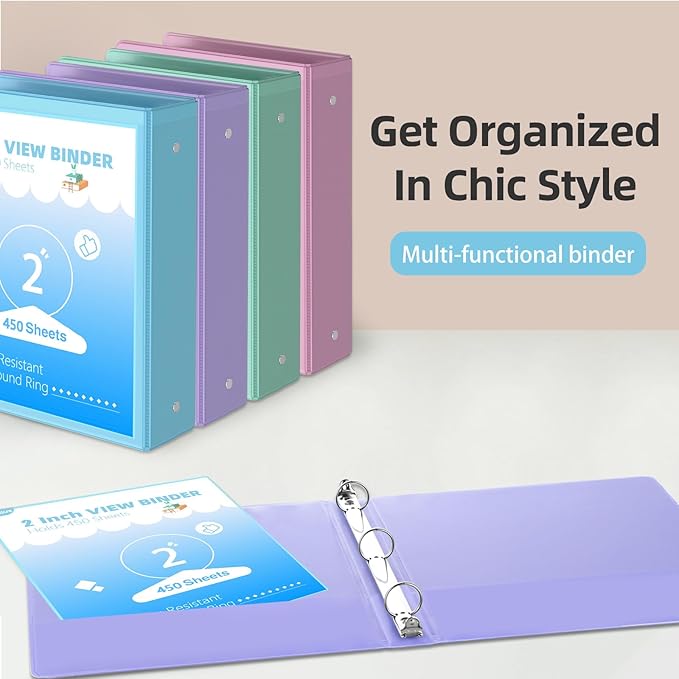 2 inch Binder 3 Ring, 4 Pack View Binder with 2 Pockets,PVC-Free,Customizable Clear View Cover for 8.5 x 11'' Letter Size Papers，Holds 450 Sheets, Round Ring