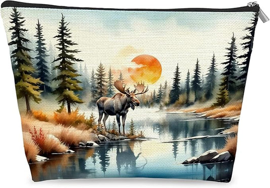 Forest Moose Makeup Bag, Gifts for Moose Lovers Cosmetic Bag for Women, Magical Forest Nature Landscape Small Toiletry Bags Zipper Makeup Pouch