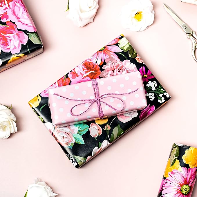 WRAPAHOLIC Reversible Floral Wrapping Paper - Mini Roll - 17 Inch X 33 Feet - Black Colorful Floral Design for Birthday, Mother's Day, Wedding, Baby Shower, Bridal Shower