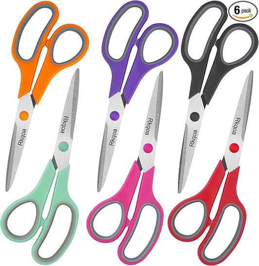 Scissors, Rkqoa 8" Scissors All Purpose 6 Pack - Comfort-Grip Sharp Scissor for Office School Adult Art Sewing Fabric Craft Supplies, Teacher/Classroom Everyday Use, Right/Left Handle