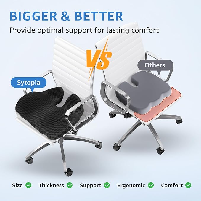 Sytopia Extra Large Office Chair Cushion, 19" x 17" Ergonomic Memory Foam Seat Cushion, Pressure Relief for Tailbone Pain, Sciatica & Hip Pain, Booster Pad for Sitting & Driving, Extra Cover (Black)