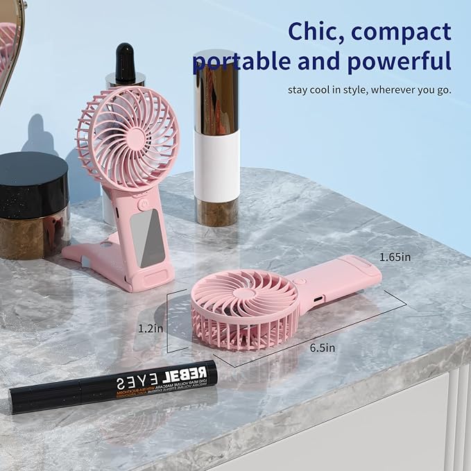 GEHEN Portable Pocket Fan, USB Rechargeable, Mini Fan with Mirror, 4 Gear Wind, Up to 15 Hours, Hand Fan with Powerful Cooling for Travel/Summer/Concerts/Lash, Gifts for Women(Pink)