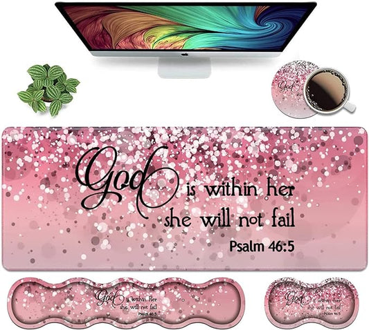 Ergonomic Keyboard Wrist Rest & Mouse Pad Wrist Rest Set,Large XXL Gaming Desk Mat 31.5"x 11.8",Memory Foam, Easy Typing Pain Relief,Multifunctional Desk Mat for Office & Home,Bible Verses Psalm 46:5
