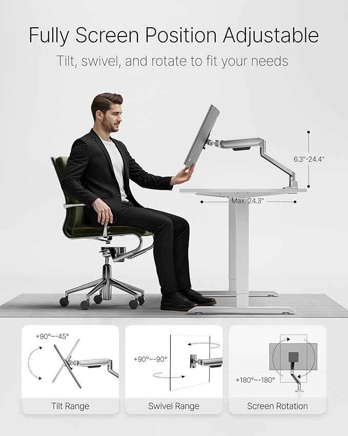 monTEK Deluxe Aluminum Monitor Arm with USB A/C for 17 to 40 Inch Curved Screens Fully Adjustable Single Monitor Arm with Clamp/Grommet, Quick Release Plate, Cable Management, VESA 75/100, MA1008UCSL