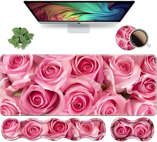 Ergonomic Keyboard Wrist Rest and Mouse Pad Wrist Rest Set, Large XXL Gaming Mousepad 31.5"x 11.8", Memory Foam, Easy Typing Pain Relief, Multifunctional Desk Mat for Office & Home, Pink Roses