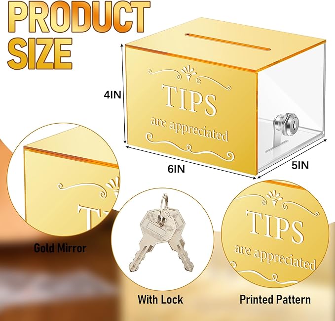 Vesici Acrylic Tips Jar Donation Tip Bucket 6 x 4 x 5 Inch Collection Money Storage Container Suggestion Box Raffle Cash Box for Bartender Bars Restaurants Musicians Driver Coin (Gold)