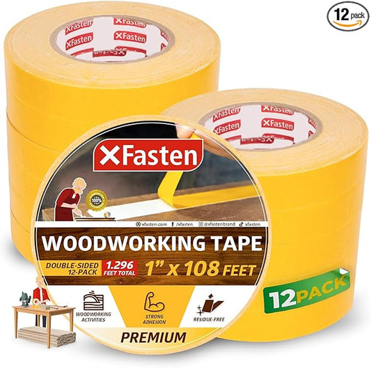 XFasten Bulk Double Sided Woodworking Tape 1-inch 1,296-Feet Total (12-Pack) Residue-Free Woodworking Tool for CNC Routing Machine, Removable Double Sided Tape for Woodworking Router Template