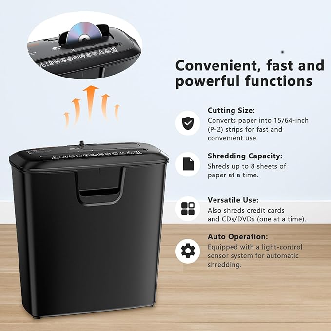 Bonsaii 8-Sheet Strip-Cut Shredder for Home – Compact Home Office Paper Shredder with Overheat Protection, Capable of Shredding CDs and Credit Cards, Includes a 3.4-Gallon Waste Bin