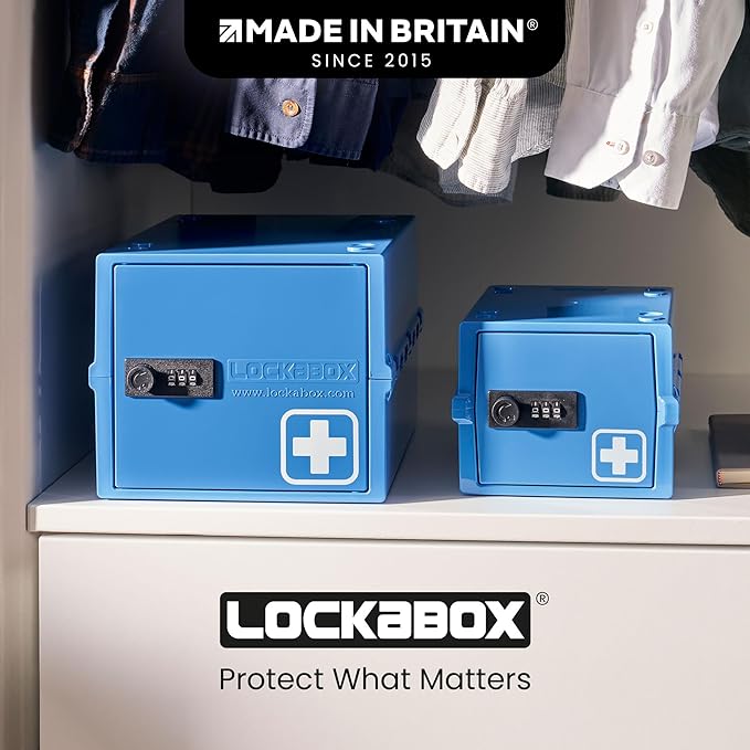 Lockabox Mini™ | Small Medicine Lock Box with Combination Lock (Half Letter Sized) | Mini Medical Lockable Box For Tablets, Creams & Medical Pens | External Size 8.8 x 6.1 x 4.7 Inches (Medi Blue)