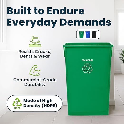 Alpine 23 Gallon Slim Recycling & Trash Bin Set – 3-Pack Blue/Black/Green Plastic Narrow Open-Top Garbage Cans for Office, Home, School & Commercial Use