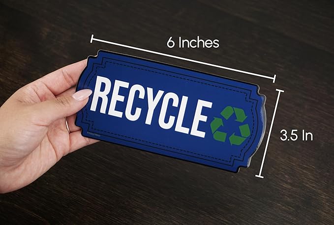 Recycle and Trash Stickers for Trash Cans - Vinyl Recycling Bin Labels - 2 Pack - 6.5" by 3" Blue & Black Decals Logo Set - Waste Signs for Home Kitchen or Office Bins Indoor/Outdoor Use