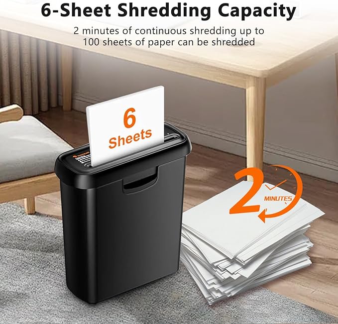 Bonsaii 6-Sheet Paper Shredder for Home Office, Portable Compact Design with Extendable Handle & Overheat Protection, 2.4 Gal Wastebasket