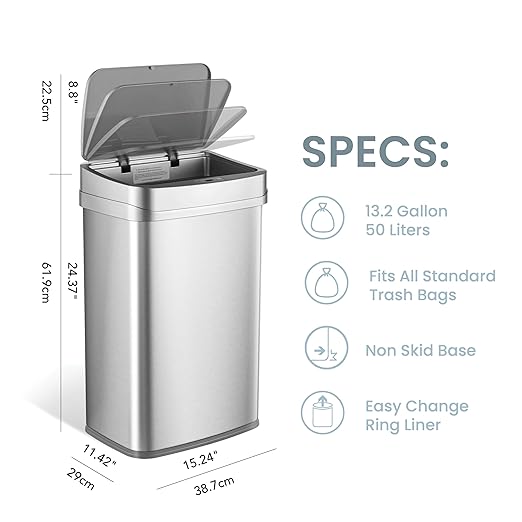 Ninestars Nova Series 13 Gallon Odor Elimating Automatic Kitchen Trash Can Automatic Odor Control Motion Sensor Garbage Bin, 50 Liter Smart Opening Stainless Steel, Silver
