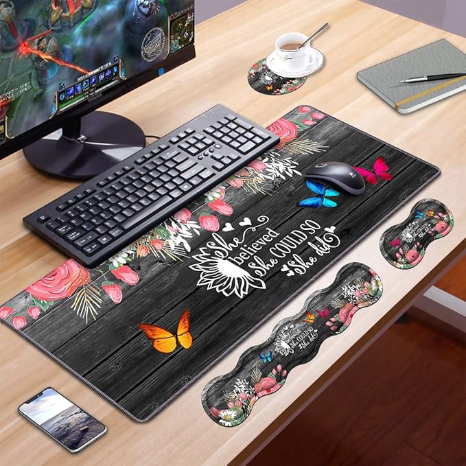 Ergonomic Keyboard Wrist Rest and Mouse Pad Wrist Rest Set, Large XXL Gaming Desk Mat 31.5"x 11.8",Non-Slip Base, Memory Foam,Easy Typing Pain Relief, Floral Quote She Believed She Could So She Did