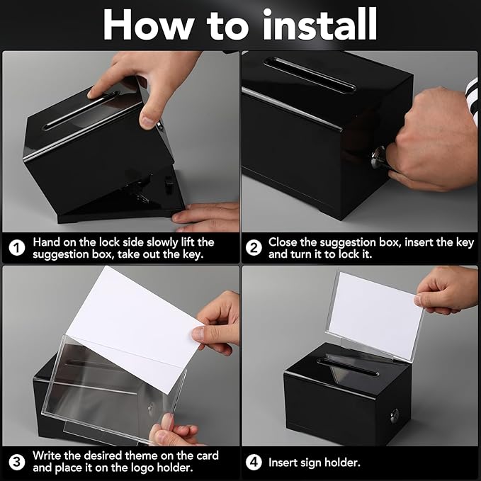 VOISEN Acrylic Donation Box with Lock, 3 Pack Black Ballot Box with Sign Holder, Tip Jar for Fundraising, Donation, Bar, School Voting, 6.2x4.6x3.9 Inch