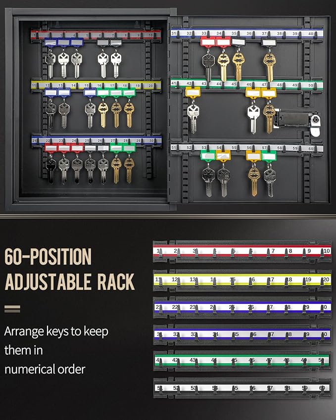 Uniclife 60 Position Key Cabinet Steel Security Storage Box with Combination & Key Lock, Resettable, Digital, Adjustable Racks, Colorful Labels & Hooks