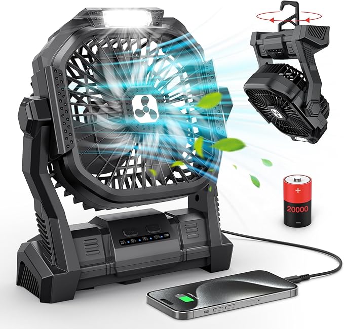 ONLYNEW Portable Fan Rechargeable, 20000mAh Cordless Battery Powered Fan with LED Lantern, USB C Battery Operated for Travel Bedroom Home Camping Tent Office Beach Desk Fishing Table (Black)