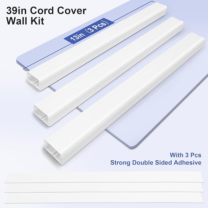 39in Cord Covers for Wires on Wall, YCLYC Wall Cord Cover, Large TV Cable Hider Wall Kit, White TV Cord Hider for Wall Mounted TV, Electrical Cable Raceway Cord Organizer, 3 X L13in W1.2 H0.7
