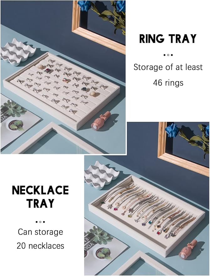 Coward Set of 5 Stackable Jewelry Organizer Tray Necklace Earring Box Storage Ring Bracelet Display Holder (beige(ring+necklace+12girds+24girds+The glass lid))