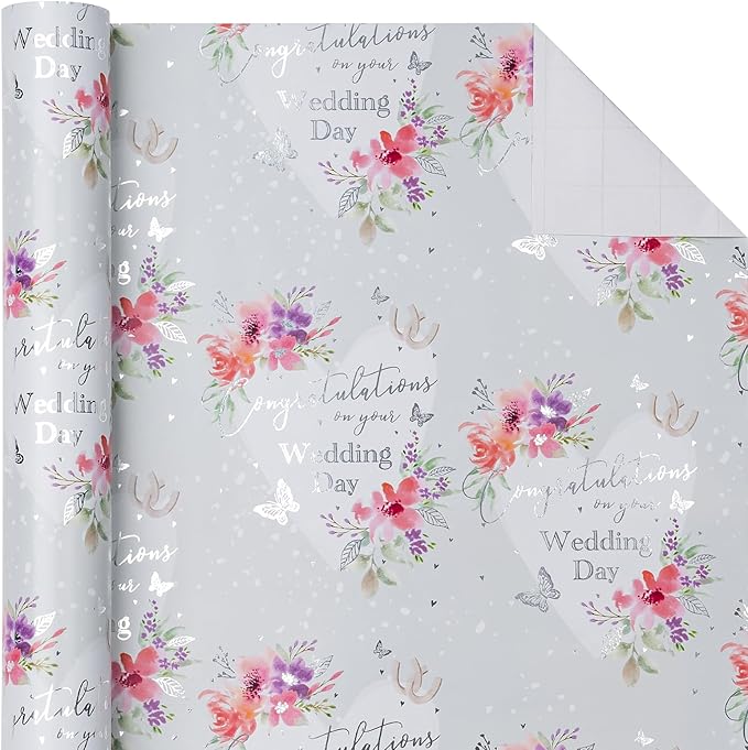 WRAPAHOLIC Wedding Wrapping Paper - Mini Roll, 17 Inch x 33 Feet, Silver Foil Floral & Congratulations Design, Perfect for Wedding, Anniversary & Party Gifts