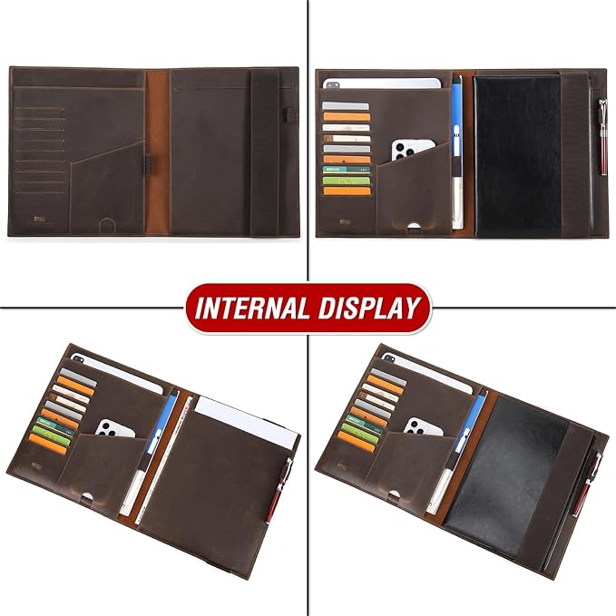 Top Grain Leather 12.9" Padfolio for Men & Women, Handmade, Multi-Functional RFID-Block Business Portfolio Organizer, Fits Credit Cards/Phone/13 iPad Pro/A4 Notebook/Pens, Coffee 12.9 Inch