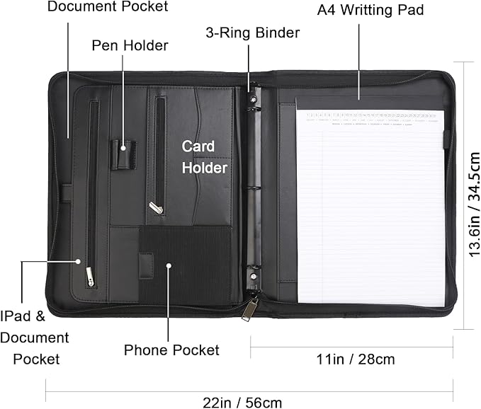 Yodo Zipper Padfolio Portfolio Binder Organizer PU Leather Portfolio for Resume, Legal Documents, Tablet, Business Supplies and Cards,3-Ring Binder with Handle, Notepad Folder for Men & Women