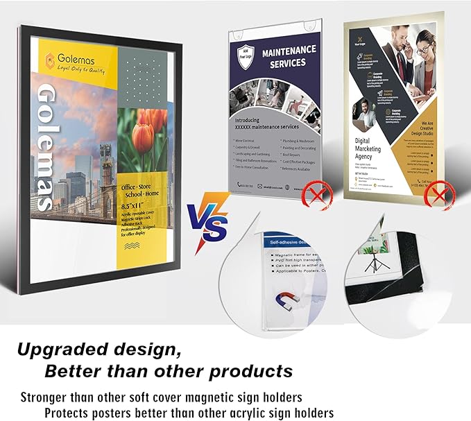 Acrylic Magnetic Sign Holder, Easy-Opening 8.5 x 11 Wall Mount Display Frames, Self Adhesive Back Plastic Clear Document Frame, Horizontal & Vertical Display (Black, 3Pack)