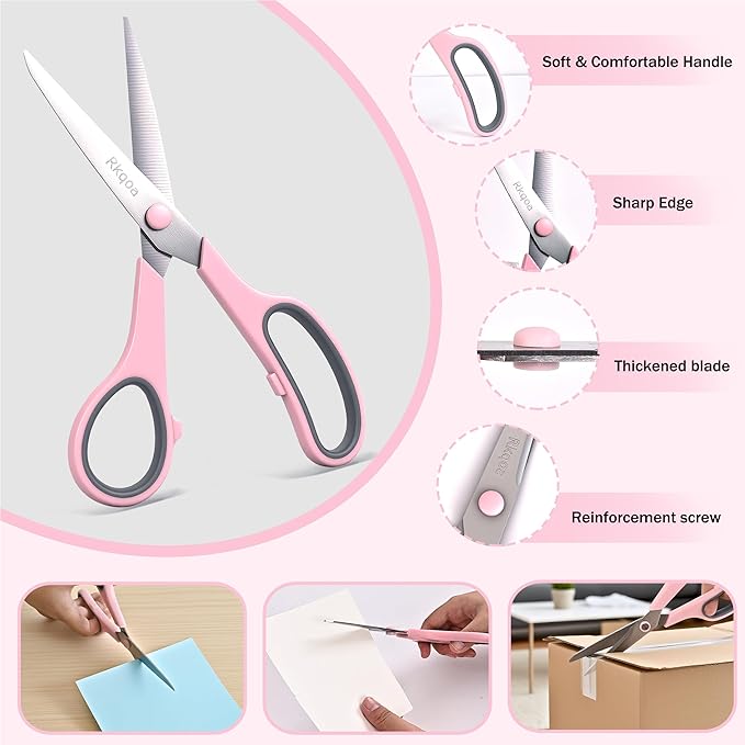 Scissors, Rkqoa 8" Scissors All Purpose 6 Pack - Comfort-Grip Sharp Scissor for Office School Adult Art Sewing Fabric Craft Supplies, Teacher/Classroom Everyday Use, Right/Left Handle