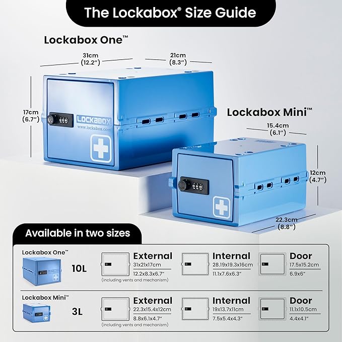 Lockabox Mini™ | Small Medicine Lock Box with Combination Lock (Half Letter Sized) | Mini Medical Lockable Box For Tablets, Creams & Medical Pens | External Size 8.8 x 6.1 x 4.7 Inches (Medi Blue)