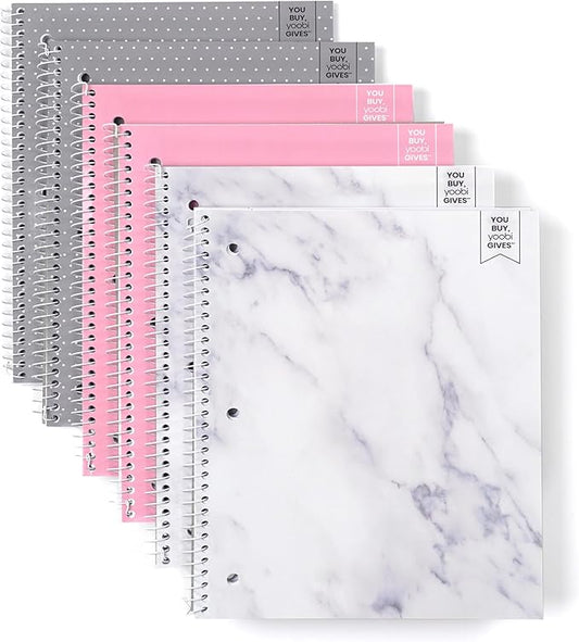 Yoobi College Ruled Spiral Notebook Set – 6-Pack of 1 Subject Notebooks, Pink, Gray & Marble Designs for Kids & Tweens – 150 Perforated 3-Hole Punched Sheets Each – 10.5” x 8”