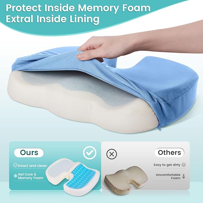 Office Chair Seat Cushion, Cooling Gel Enhanced Memory Foam Cushion for Long Sitting - Back, Sciatica, Coccyx, Tailbone Pain Relief Pillow - for Office, Gaming, Car, Wheelchair - Light Blue, X-Large