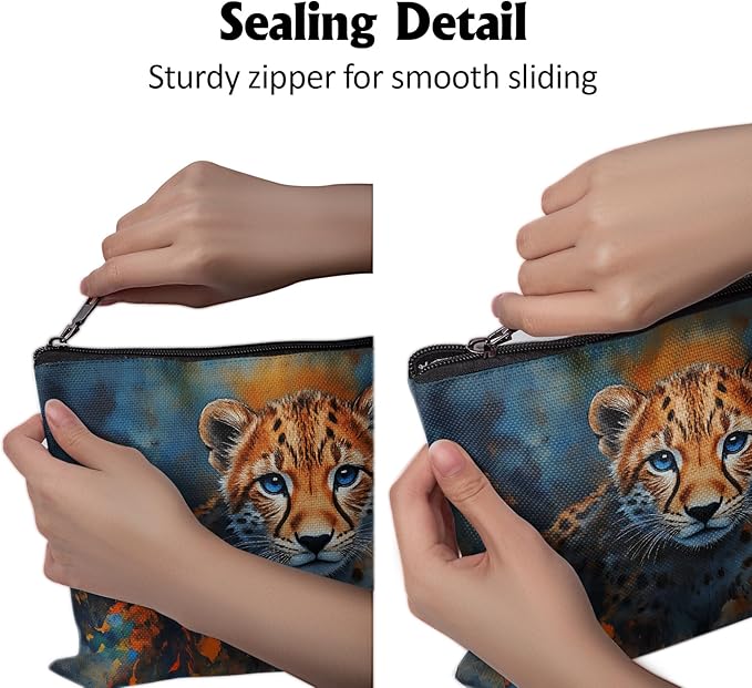 Cafl Cheetah Cub Blue Eyes Makeup Bag for Women Large Capacity Make Up Bag Portable Travel Cosmetic Bag Toiletry Pouch Organizer 10 * 8inch