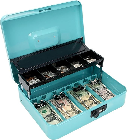 Cash Box with Combination Lock - New Sliding Coin Lid Design, Large Cash Box with Money Tray and Lock Money Saving Organizer Box,11.8Lx 9.5Wx 3.5H inches,Teal