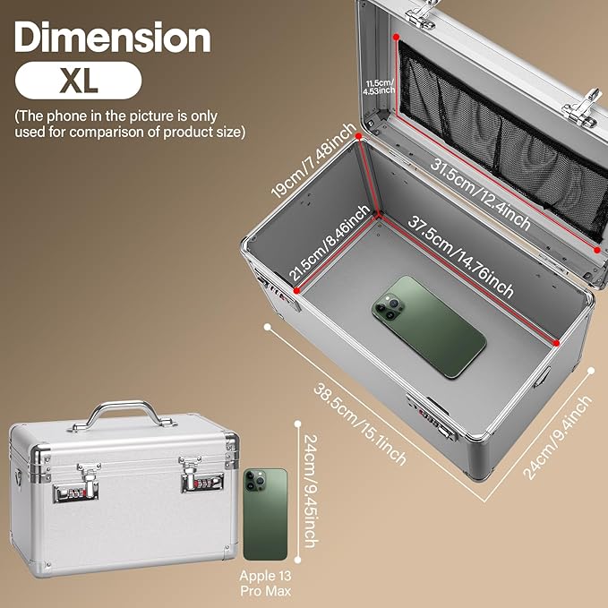 Large Lock Box - Security Combination Lock Box, Locking Storage Case for Personal Items and Medicine, Childproof Lockable Lockbox for Home/Office/School, 15.1x9.4x8.7 Inch, Silver