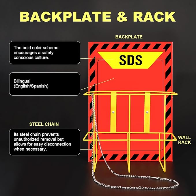 Lontcs MSDS SDS Binder and Wall Station Set,Yellow Heavy Duty 3 Inch Material Safety Data Sheet 3 Ring Binder with SDS Wire Rack and Display Sign,Chain,Safety Posters,MSDS Labels,Binder Wall Mount