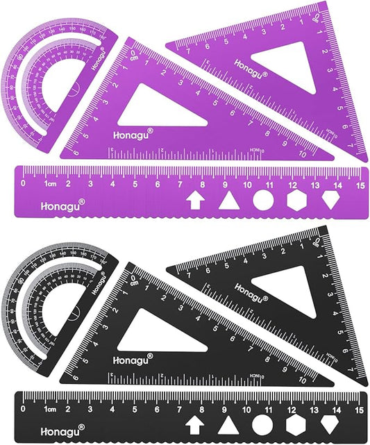 Honagu Triangular Ruler Set, 2 Sets/8 Pieces Aluminum Alloy Ruler, Metal Drafting Ruler, Geometric Protractor for Students, Draftsmen, Engineers, School Office Supplies(15cm/5.9inches, Purple+Black)