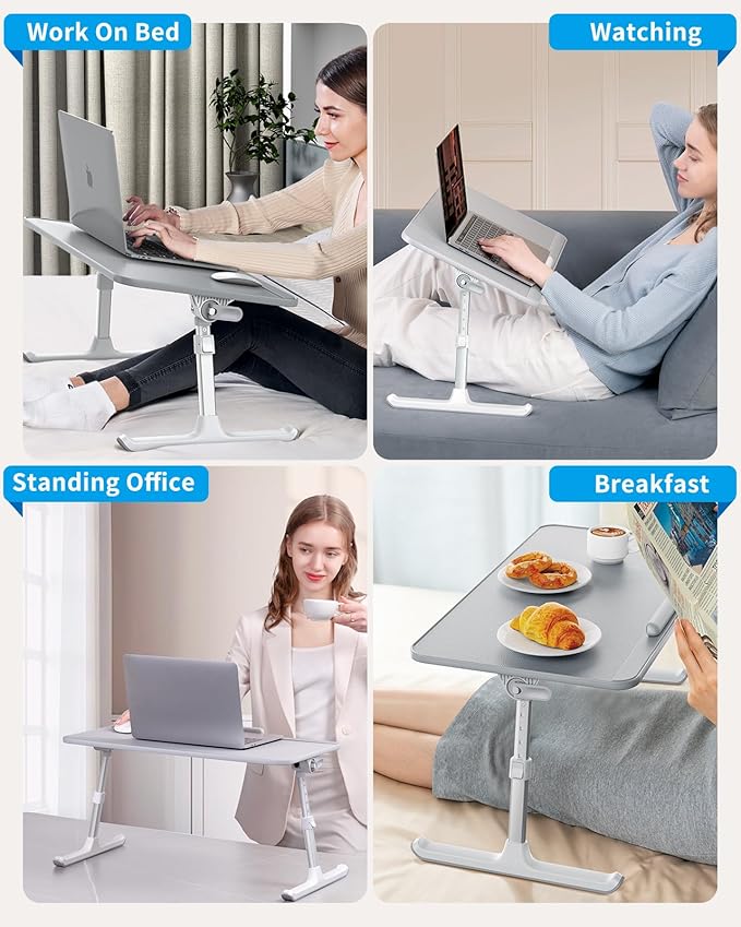 SAIJI Leather Laptop Bed Tray Table, Adjustable Laptop Stand with Removable Stopper, Portable Lap Desks with Foldable Legs, Notebook Stand Breakfast Reading Desk for Sofa Couch Floor(Large,Gray)