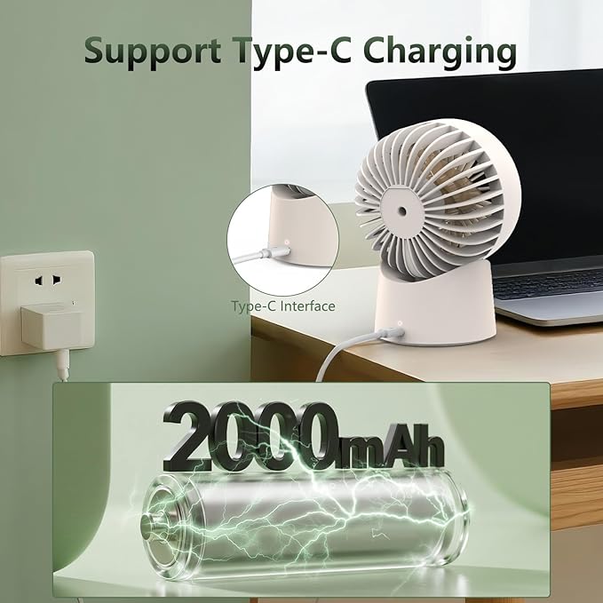 Minthouz Desktop Circulating Fan, Small Portable Compact USB-C Rechargeable Battery Powered, 2000mAh, 3 Speeds, 90° Adjustable horizontal, Quiet Personal Fan for Bedroom, Office, Living Room, Outdoors