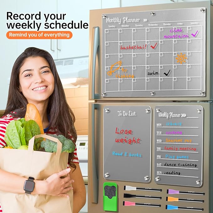 Acrylic Magnetic Dry Erase Board for Fridge，Set of 3 Transparent Planning Boards for Monthly Calendar, Weekly Includes 6 Dry Erase Markers, 1 Eraser and Magnetic Pen Holder