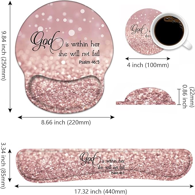 Keyboard Wrist Rest and Mouse Pad Wrist Support Set with Coasters, Quote Bible Verse Psalm 46:5 Wrist Mouse Pad with Non-Slip PU Base for Home Office Working Studying Easy Typing & Pain Relief