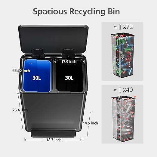 GarveeHome 60 L/16 gal Kitchen Trash Can,2×8 gal Pedal Trash Bin with Removable Baskets,Stainless Steel Garbage Can for Kitchen Office Restaurant School Hospital