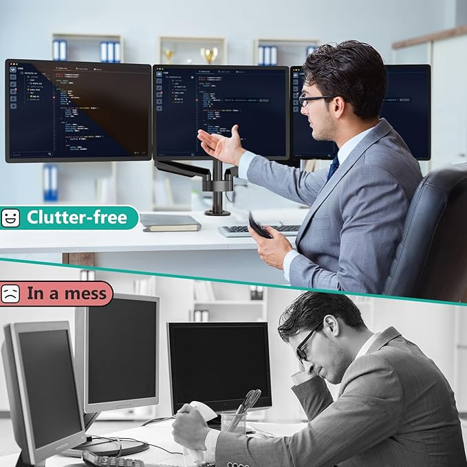 WALI Triple Monitor Mount for 13-27 inch Screens, Adjustable 3 Monitors Desk Mount with Swivel, Tilt, Clamp & Grommet Kit, Gas Spring Arm Triple Monitor Stand, VESA 75x75/100x100mm (GSDM003), Black