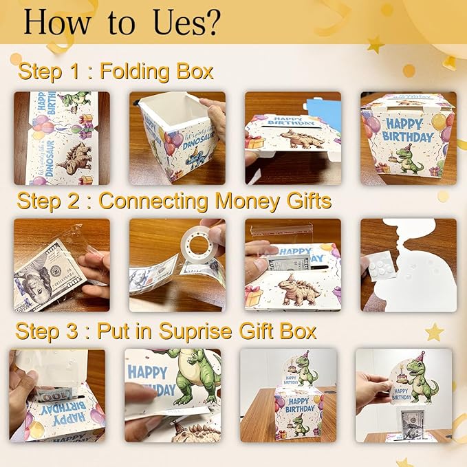 Dinosaur Birthday Money Gift Boxes for Cash, Dino Birthday Money Pull Box for Boys Girls