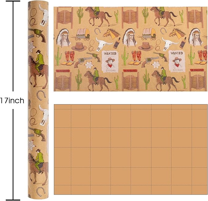 Homeral Rodeo Kraft Wrapping Paper Roll - 17In x 32.8Ft Old Wild West Style Gift Wrap with Cowboy & Horse & Wanted Poster Gift Wrap for Boys Birthday, Bachelor Party, Christmas, Farm Theme