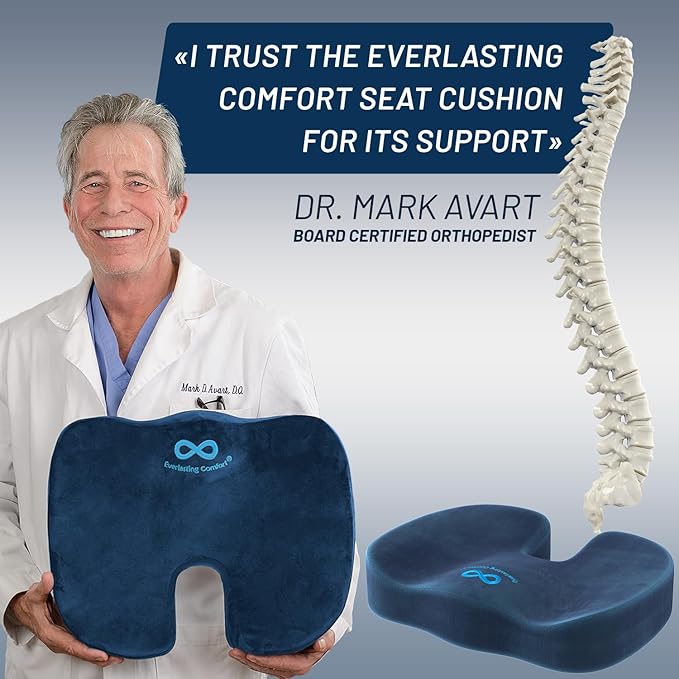Everlasting Comfort Doctor Recommended Memory Foam Seat Cushion for Office Chairs & Car - Ergonomic Office Desk Accessories - Cushions for Tailbone Pain Relief, Sciatica (Navy Blue, Large)