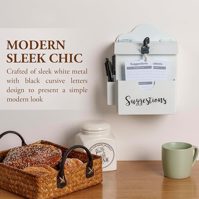 MyGift Suggestion Box with Cursive Suggestions Lettering, Wall Mounted or Tabletop Ballot Comment Box with Lock, Keys, Paper Sheet and Pen Holder Slots, White Metal